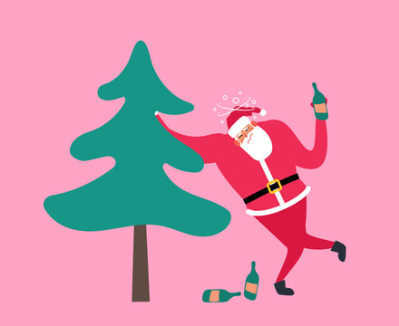 drunk santa claus with bottle near spruce christmas hangover
