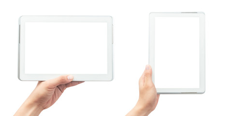 Male hand holding the white tablet pc computer with blank screen isolated on white background with clipping path