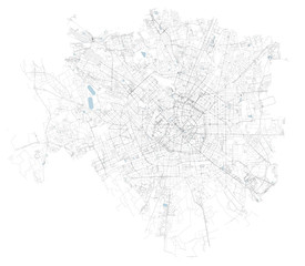 Satellite map of Milan, zones and municipalities. Streets of the Lombard capital. Lombardy. Italy