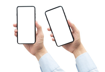 Set of Businessman hand holding the gold smartphone with blank screen isolated on white background with clipping path.