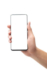 Male hand holding the black smartphone with blank screen isolated on white background with clipping path.