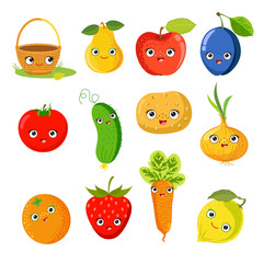 Set funny of fruits and vegetables with kawaii face. Basket, pear, apple, plum, tomato, cucumber, potato, onion, orange, strawberry, carrot, lemon.
