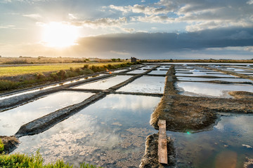 Obraz premium Salt marshes on the island of Noirmoutier in France..The sun rises on ponds, basins and .salt piles