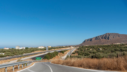 Heraklion, Crete, Greece. October 2019. New opened Nlocal road running paralel to the A90, E75 dual carriageway section between Heraklion and Malia, heading towards Agios Nikolaos.