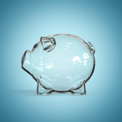 Glass piggy bank with golden coins on white background 3d rendering