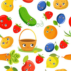 Fototapeta premium Vector seamless pattern. Funny of fruits and vegetables with kawaii face. Basket, pear, apple, plum, tomato, cucumber, potato, onion, orange, strawberry, carrot, lemon.