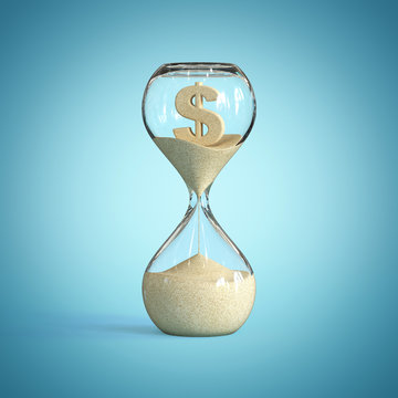 Hourglass, sandglass, sand timer, sand clock with dollar sign sh 3d rendering