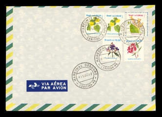 Luftpost airmail Umschlag envelope Brasilien Brasil vintage retro gelb grün blumen Briefmarken stamps flowers Hibiskus © Spatzenballet