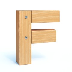 Wood font, 3d alphabet made of wooden parts, 3d rendering, letter F