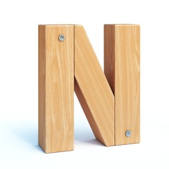 Wood font, 3d alphabet made of wooden parts, 3d rendering, letter N