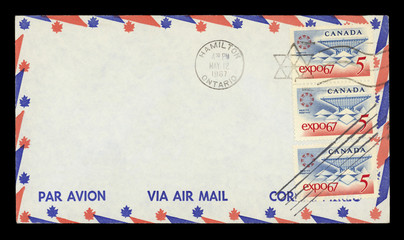 Luftpost airmail Umschlag envelope Canada Kanada Ahorn Blatt Ontaria Vintage retro expo 67 Hamilton...