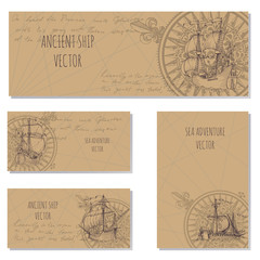 Old caravel, vintage sailboat. Sea adventure vector background. Doodles design elements business cards, banners, menu