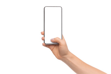 Woman showing modern smartphone with blank white screen