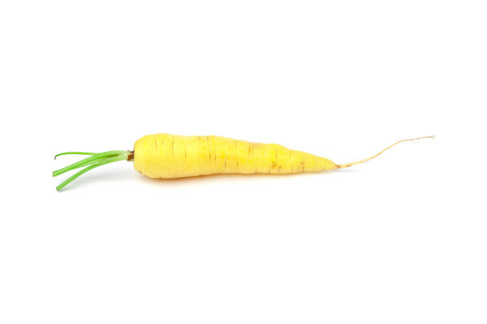 fresh ripe yellow carrot with cut top isolated on a white background