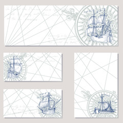 Old caravel, vintage sailboat. Sea adventure vector background. Doodles design elements business cards, banners, menu