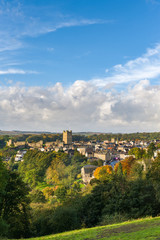 Tall view of Richmond, North Yorkshire and the castle with blue skies andfluffy clouds