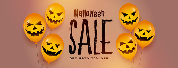 happy halloween festival sale banner with laughing scary balloons