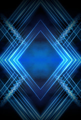 Abstract dark neon background. Neon geometric shapes, rays and lines.