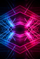Abstract dark neon background. Neon geometric shapes, rays and lines.