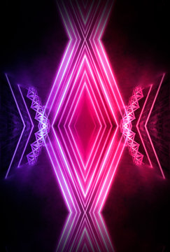 Abstract dark neon background. Neon geometric shapes, rays and lines. © MiaStendal