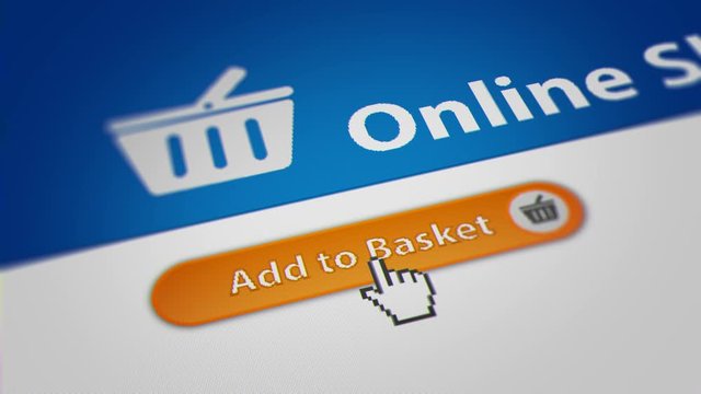 Mouse Cursor Clicking "Add to Basket" Button. Online Shopping Checkout Process. 