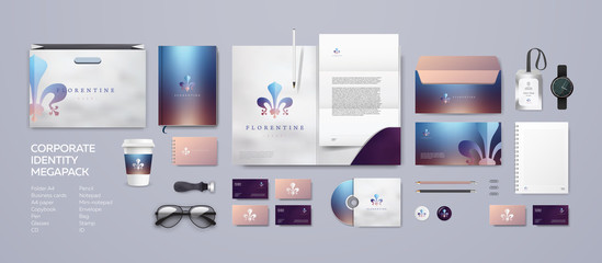 Heraldic logo corporate style with florentine lily. Stationery template set. Premium branding for prestigious company or bank. Digital and printing use. Elegant element on colorful background.