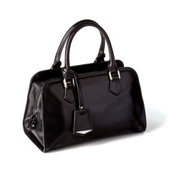 Stylish women's black leather bag isolated on a white background.