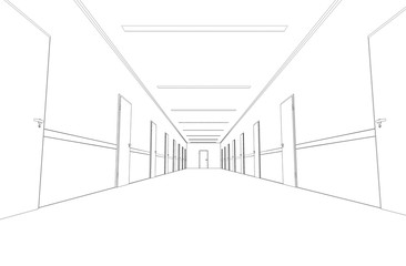 Long corridor with doors, contour visualization, 3D illustration, sketch, outline