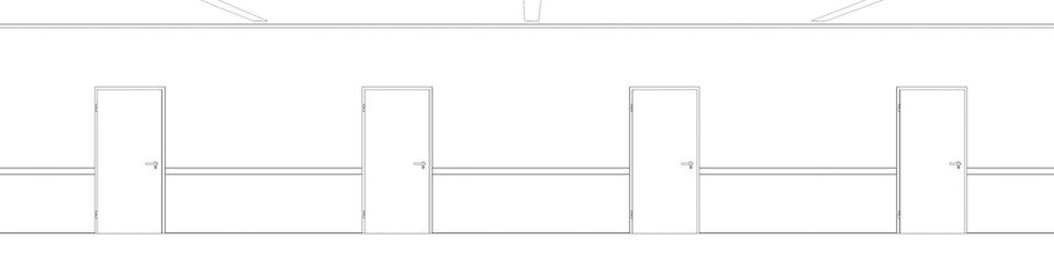 Long corridor with doors, contour visualization, 3D illustration, sketch, outline