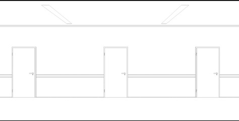 Long corridor with doors, contour visualization, 3D illustration, sketch, outline