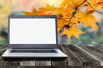 blank screen laptop computer on wooden top table or terrace with beautiful autumn colorful red and yellow maple leaves background, copy space for display presentation, marketing, advertisement concept