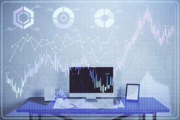 Forex market graph hologram and personal computer on background. Multi exposure. Concept of investment.