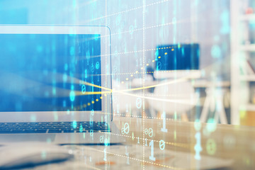 Technology theme drawing and table with computer. Multi exposure. Concept of information.