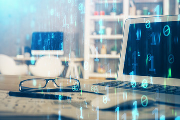 Technology theme drawing and table with computer. Multi exposure. Concept of information.