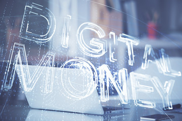 Multi exposure of blockchain theme hologram and table with computer background. Concept of bitcoin crypto currency.