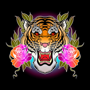 Tiger head with roses. Vector design for fashion graphic. T-shirts design in the style of a traditional tattoo.