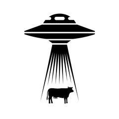 UFO adducts cow simple illustration. Side view alien spaceship with light rays to catch a cow animal. - 295500802