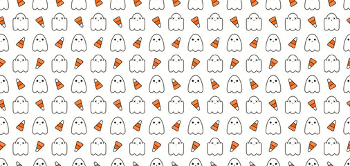 Seamless repeat pattern with cute ghosts, candy corn, white, orange, black. Vector illustration. Line art. Design concept for Halloween background, packaging, wallpaper, wrapping paper.