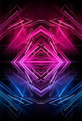 Abstract dark neon background. Neon geometric shapes, rays and lines.