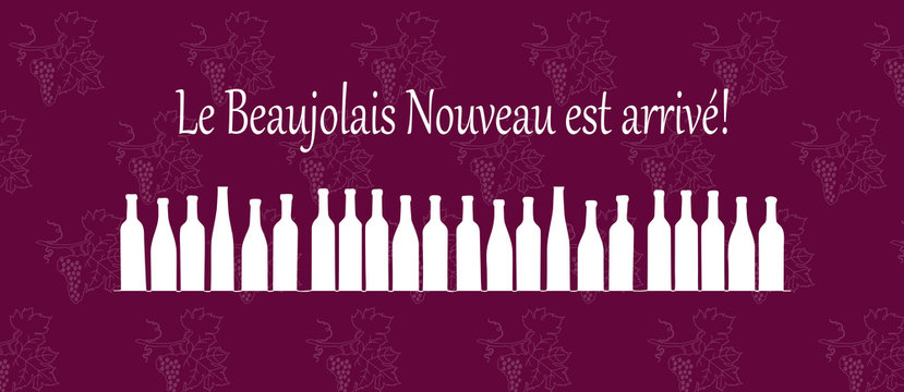 Text Le Beaujolais est arrive means the Beaujolais wine is coming. Handdrawing vector pattern with grapes. Wine party Beaujolais Nouveau event in France - Vector