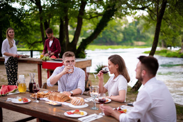 happy friends having picnic french dinner party outdoor
