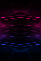 Abstract dark neon background. Neon geometric shapes, rays and lines.