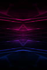 Abstract dark neon background. Neon geometric shapes, rays and lines.