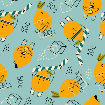 Hand drawn cute anthropomorphic lemons doing various stuff. Funny vector illustration for kids. Colored trendy seamless pattern. Cartoon style. Perfect for lemonade market decoration