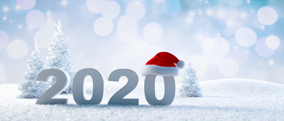Jahreszahl 2020 im Schnee mit Weihnachtsm&uuml;tze