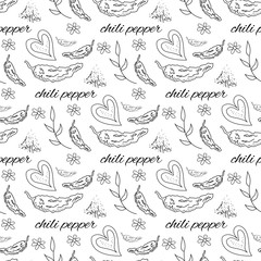 Chili pepper spices outline seamless pattern on white background, vector