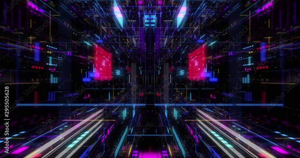 Poster seamless loop of abstract futuristic technological background, floating circuits, charts, digits ele