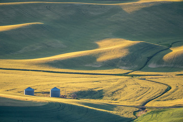 Farm silos, buildings and equipment in the rolling hills of the Palouse in Washington State USA