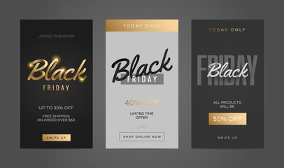 Black friday sale stories template set for social media. Screen backdrop for mobile app. Social media story mockup.