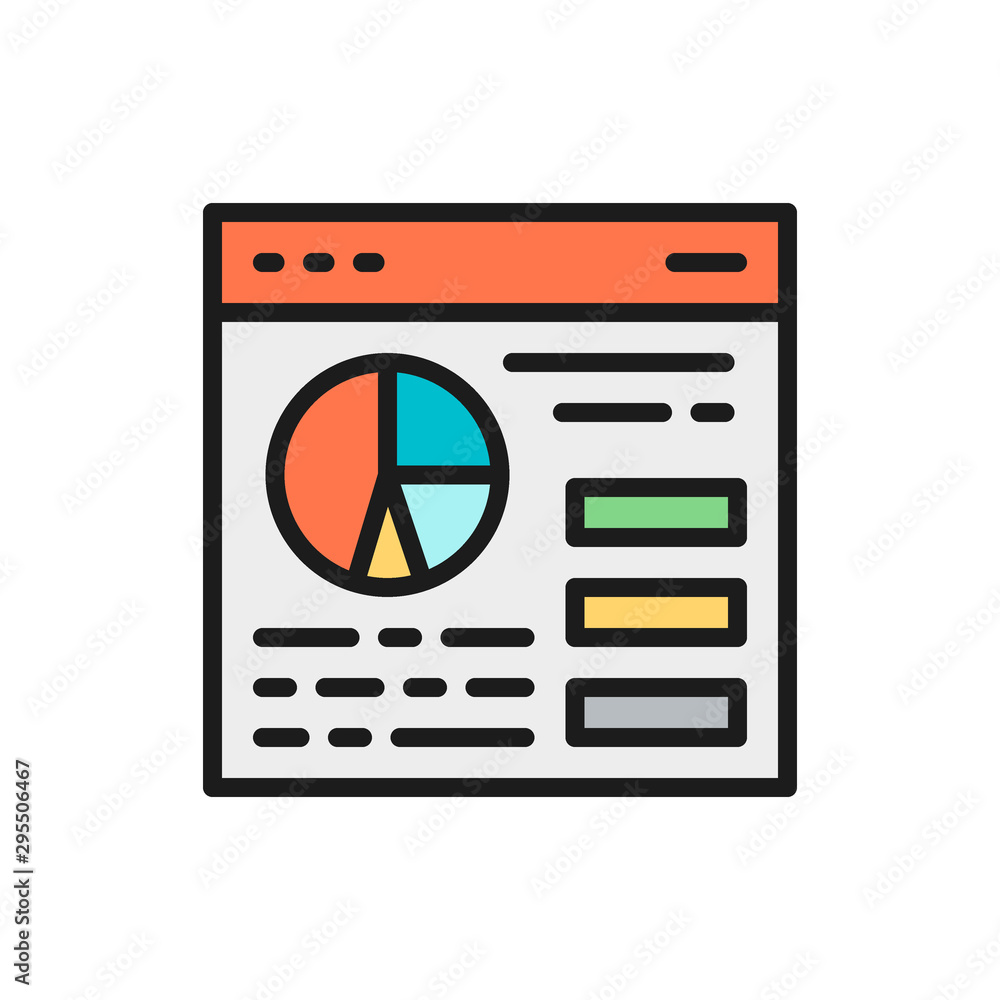 Poster browser statistics, website traffic, webpage with chart pie flat color line icon